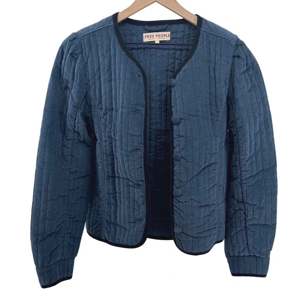 Free People Natalia Velvet Jacket Women Small Blue Quilted Puff Sleeve Boho Boxy